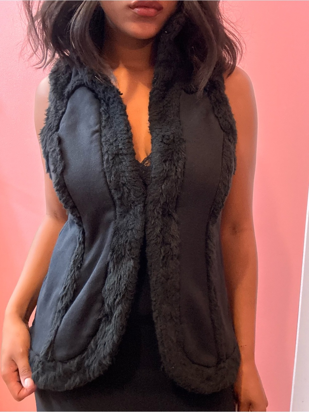 Black Faux Fur Trim Vest